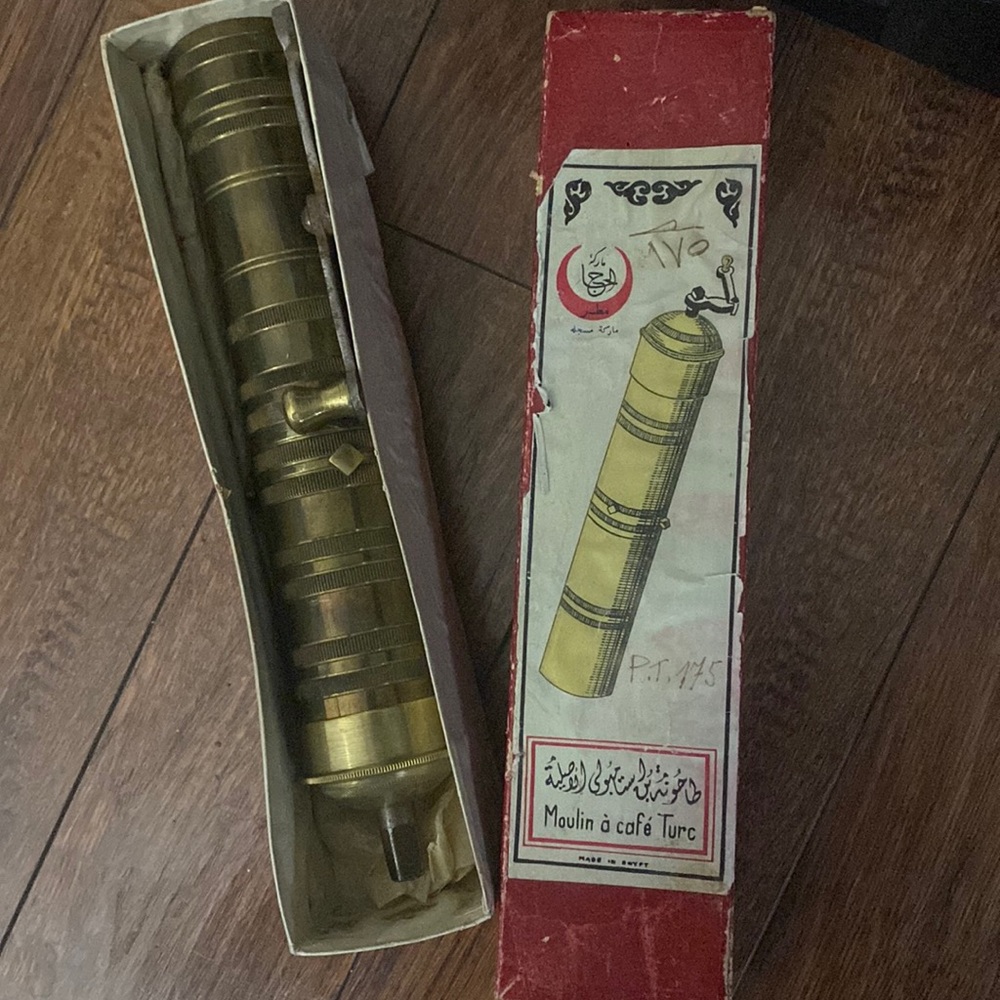 Antique Turkish Brass coffee grinder mill & w/ box
